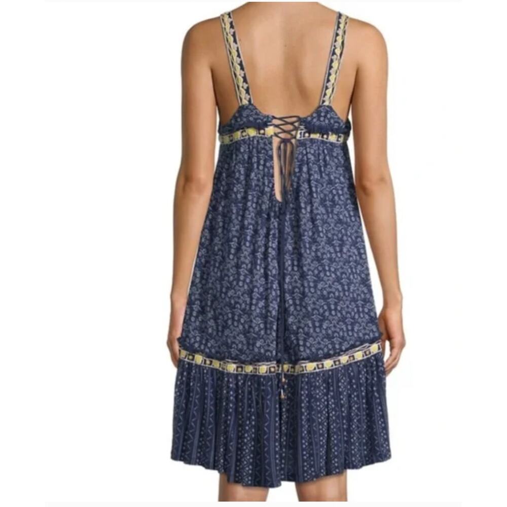 Free People Borderline Tank Mini Dress Medium Boho Embroidered Tunic Ruffle Hem - Picture 2 of 16